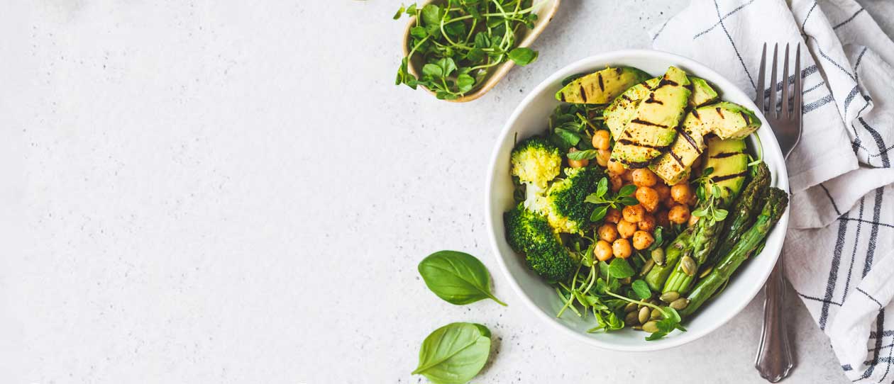 Healthy Buddha bowl with asparagus and chickpeas