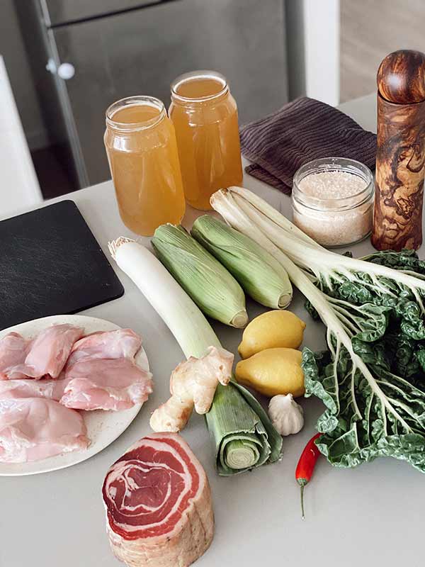 Ingredients to make chicken, ginger and corn nourishing soup