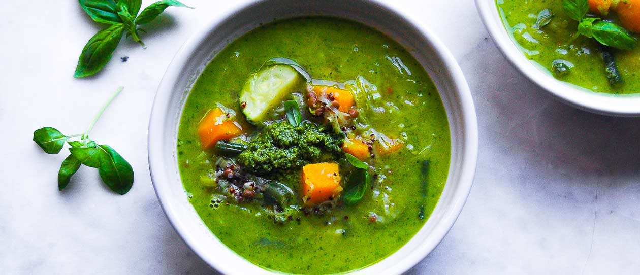 Lentil vegetable and quinoa soup with pumpkin seed pesto | Blackmores