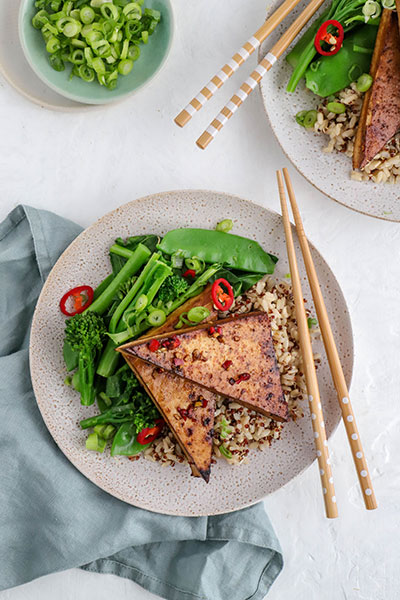 Marinated tofu grains and greens for an easy weeknight dinner