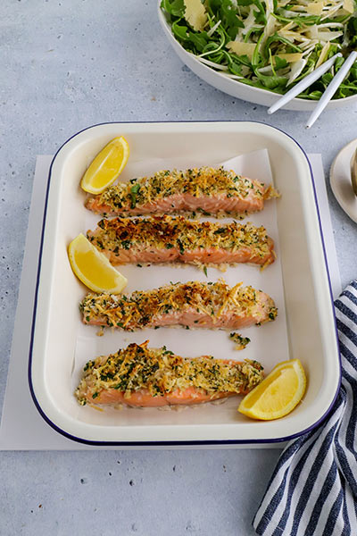 Parsley parmesan crumbed salmon served with a citrus dressing