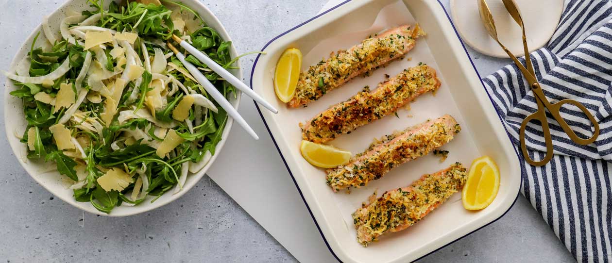 Parsley parmesan crumbed salmon with citrus dressing