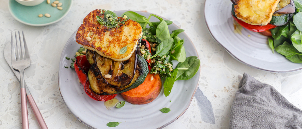 Chargrilled vegetable haloumi stack
