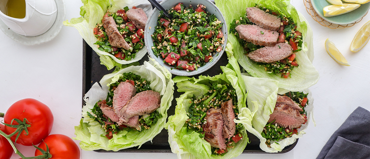 Grilled lamb and tabouli lettuce wraps