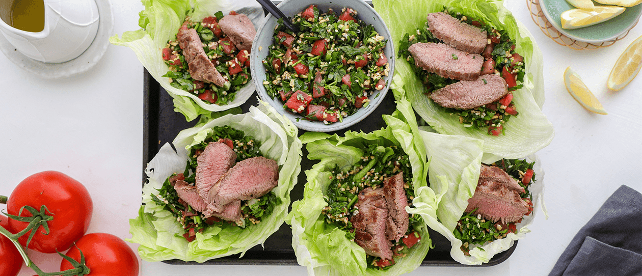 Grilled lamb and tabouli lettuce wraps