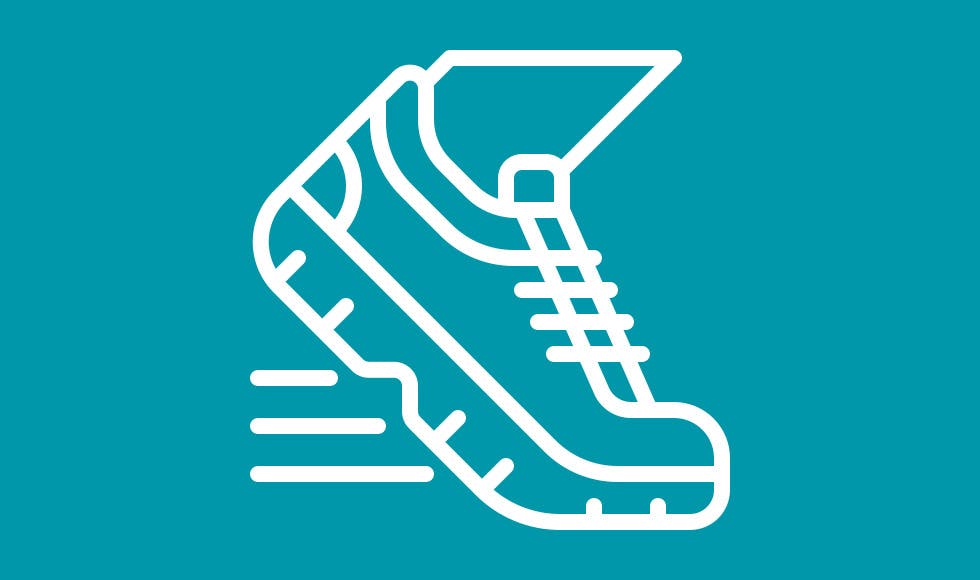 Whit running shoe icon on a teal background