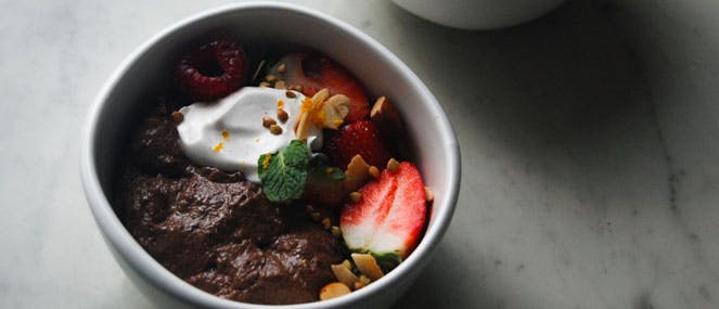 Cacao mousse breakfast bowl with nutty buckwheat granola