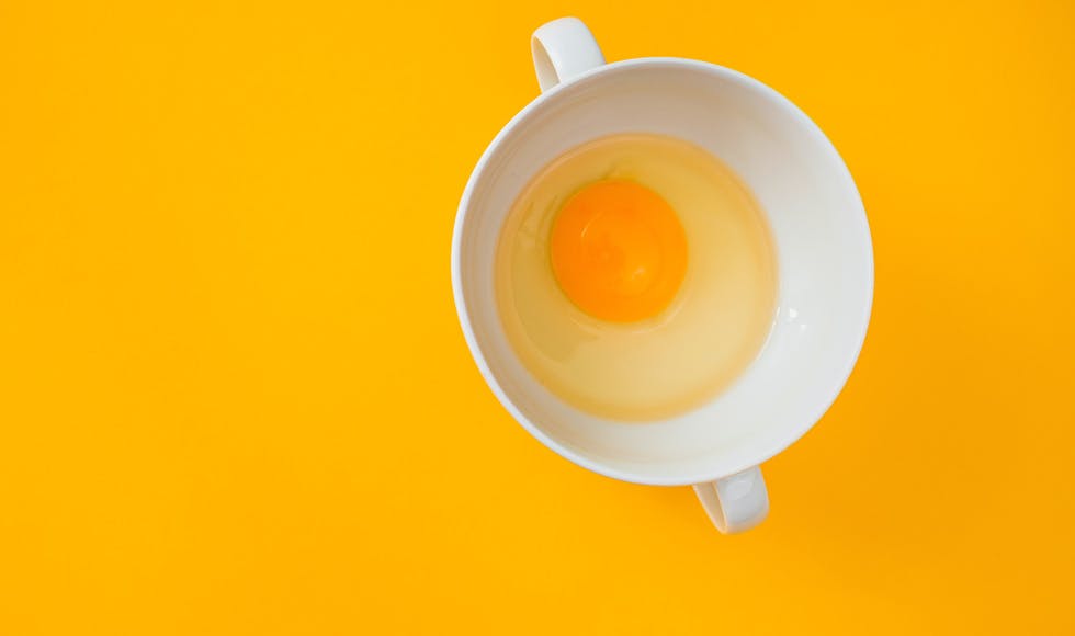 Raw egg in a white mug on a yellow background