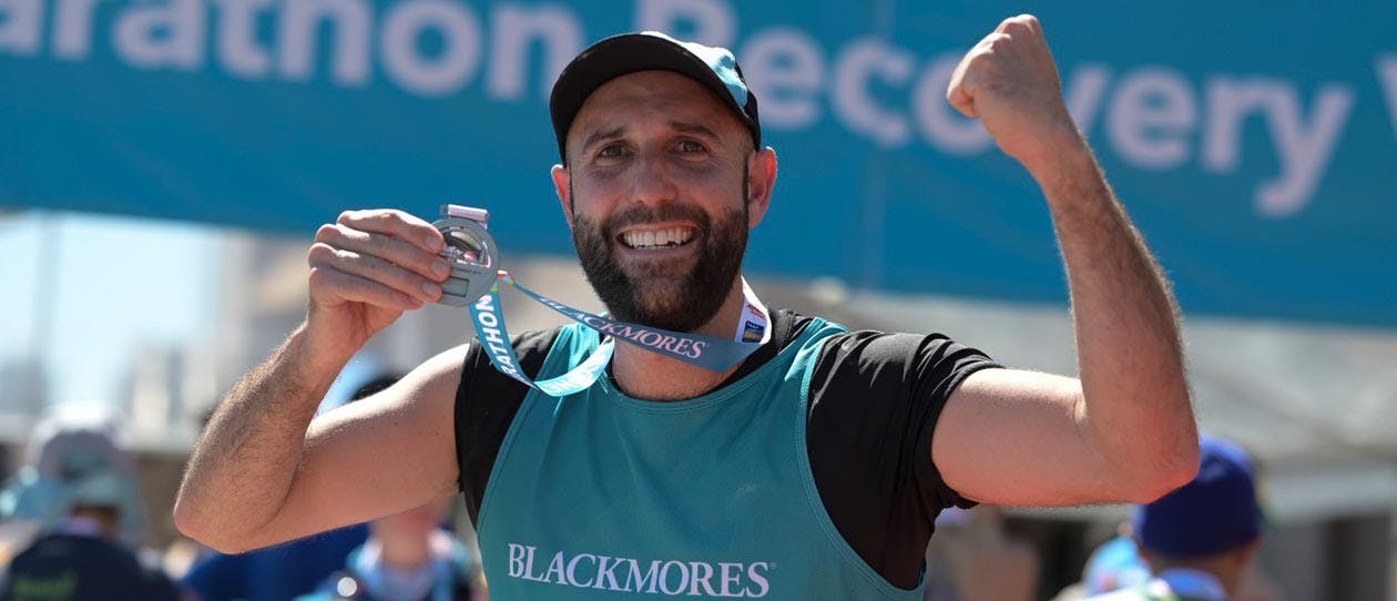 Celebrating the finish of the 2019 Blackmores Sydney Marathon