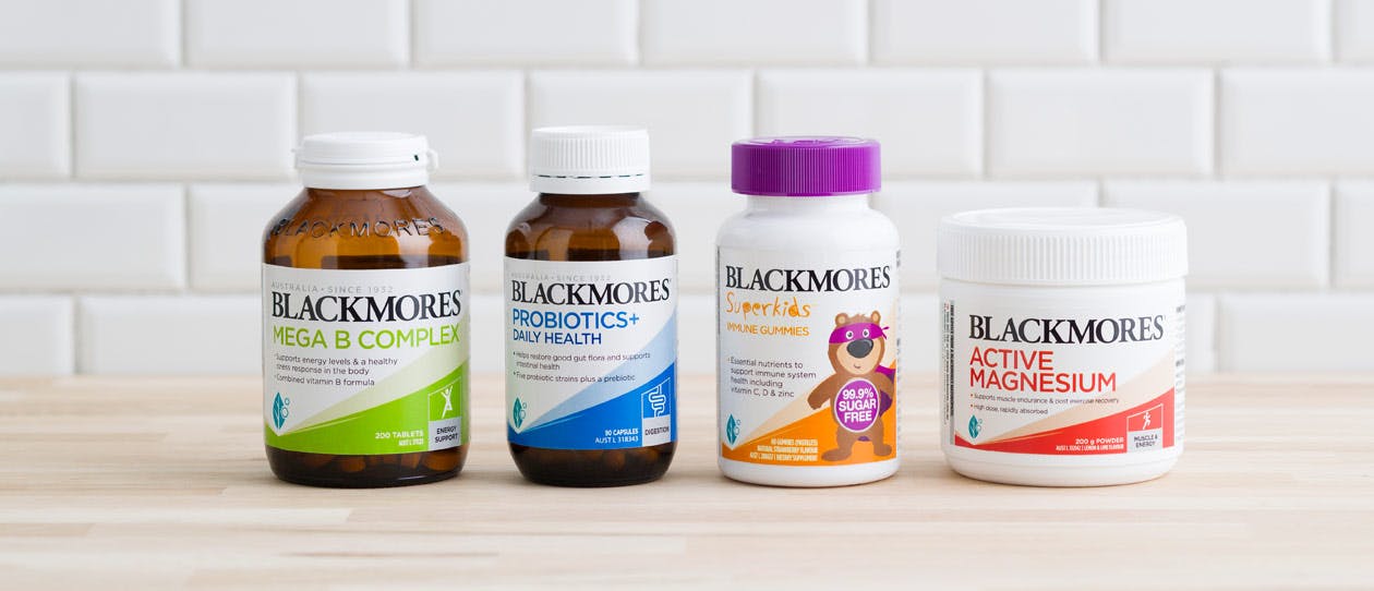 Blackmores products on a timber kitchen bench